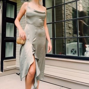❌SOLD❌ Olive Green Silky Midi Dress w/ Ruffle Slit